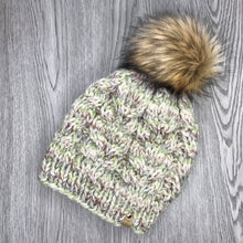 Load image into Gallery viewer, Cable Beanie - Adult cream, green, tan W brown Pom  CB13