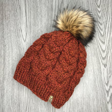Load image into Gallery viewer, Cable Beanie - Adult Burnt Orange W Brown Pom  CB1