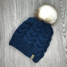 Load image into Gallery viewer, Cable Beanie - Adult Navy W White/brown  Pom  CB3