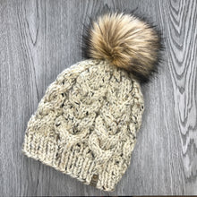 Load image into Gallery viewer, Cable Beanie - Adult Wheat W Brown Pom  CB6
