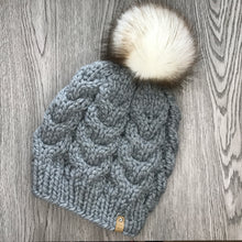 Load image into Gallery viewer, Cable Beanie - Adult Slate W White/brown Pom  CB7