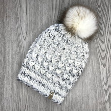 Load image into Gallery viewer, Braided Hearts Beanie - Adult /grey/white/black mix with White Pom Pom  HS2