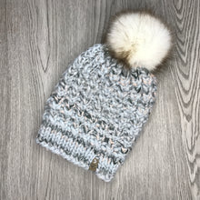 Load image into Gallery viewer, Braided Hearts Beanie - Adult Grey / Pink / White mix with White Pom Pom  HS4