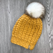 Load image into Gallery viewer, Braided Hearts Beanie - Adult Mustard with White Pom Pom  HS7