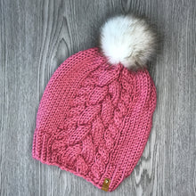 Load image into Gallery viewer, Tres Cable Beanie - Adult Rose W White Pom  OA7