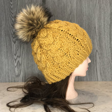 Load image into Gallery viewer, Cable Beanie - Adult Wheat W Brown Pom  CB6