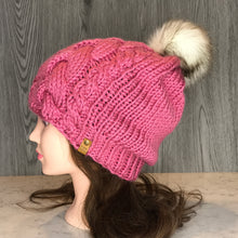Load image into Gallery viewer, Tres Cable Beanie - Adult Rose W White Pom  OA7
