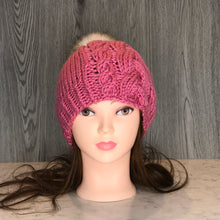 Load image into Gallery viewer, Tres Cable Beanie - Adult Rose W White Pom  OA7