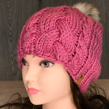 Load image into Gallery viewer, Tres Cable Beanie - Adult Rose W White Pom  OA7