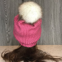 Load image into Gallery viewer, Tres Cable Beanie - Adult Rose W White Pom  OA7