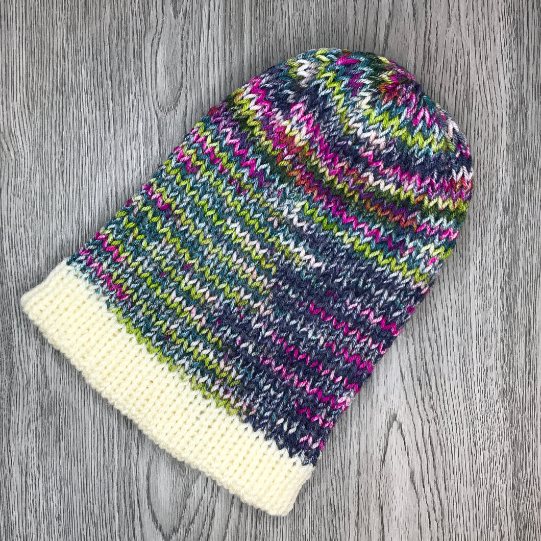 Beanie - Adult Cream with Purple/greens BA3