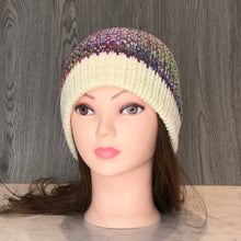 Load image into Gallery viewer, Beanie - Adult Cream with Purple/greens BA3
