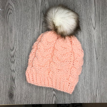 Load image into Gallery viewer, Cable Beanie - Adult Peach W White Pom  CB2